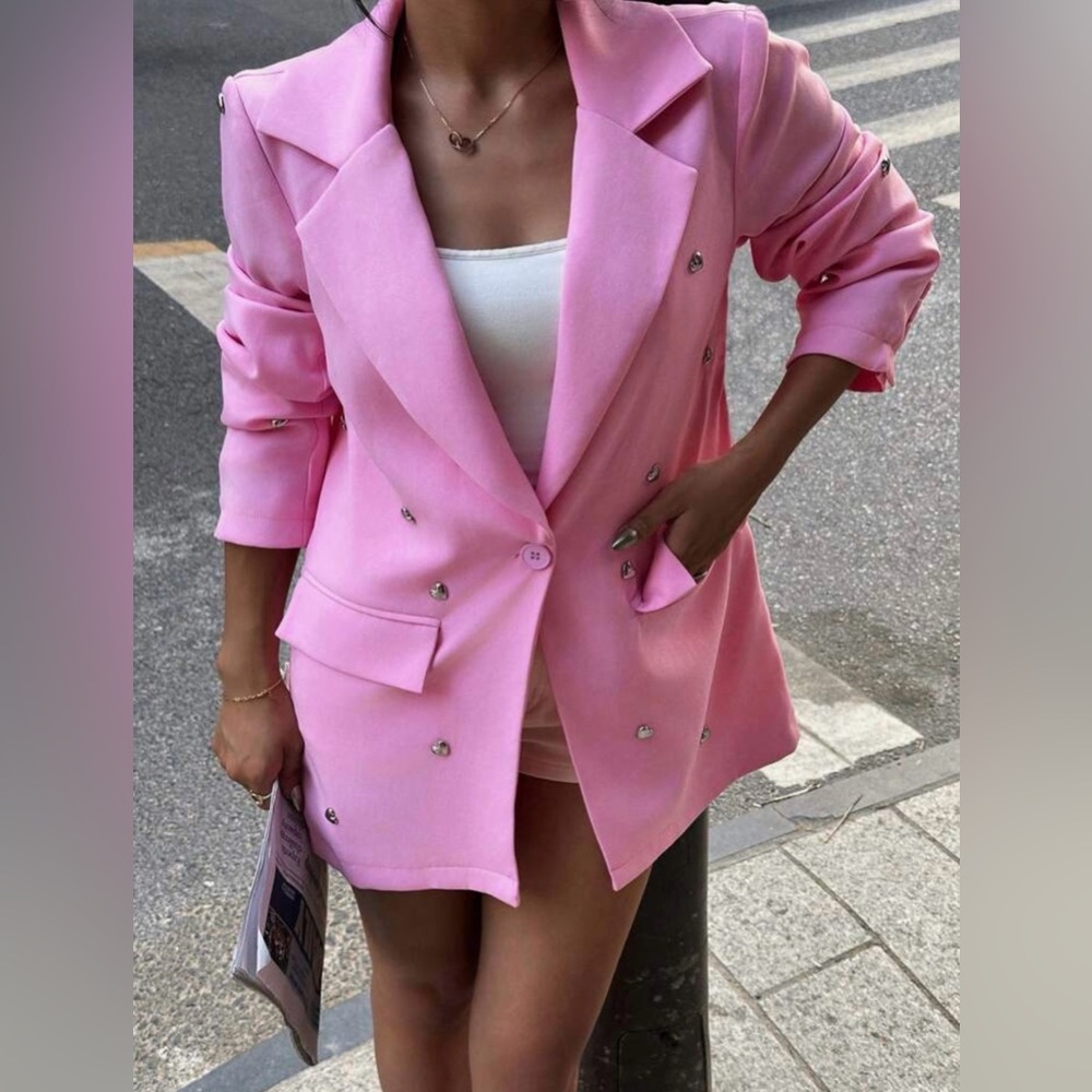 Pink Embellished Double-Breasted Blazer Jacket